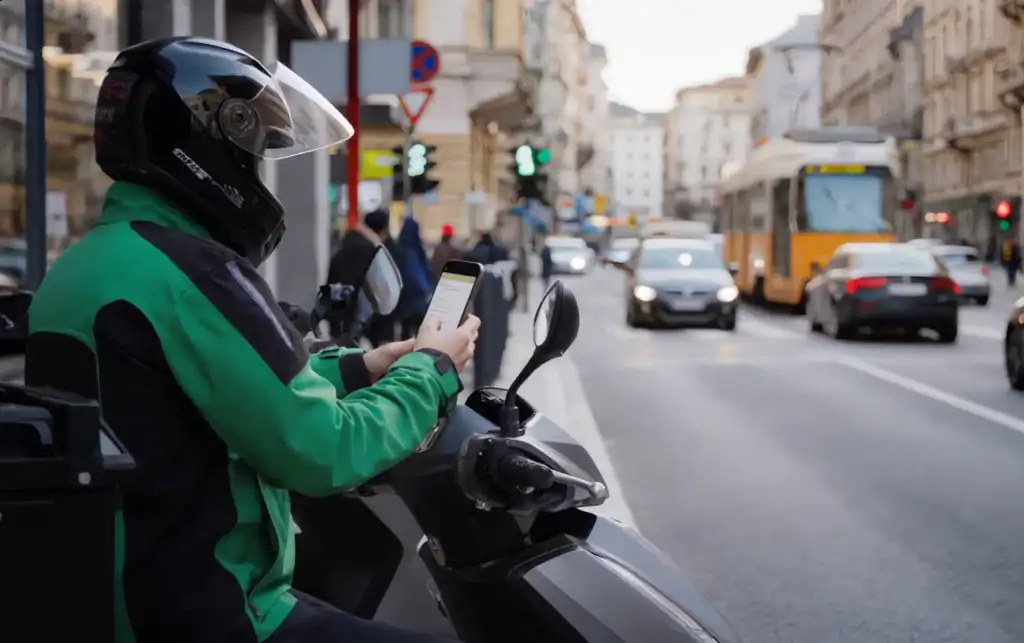 Motoros futár rendelést fogad a telefonján Budapest belvárosában