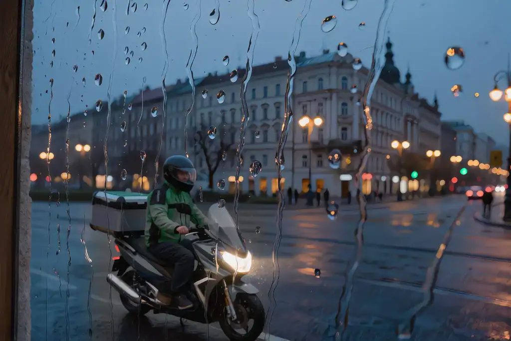 Esőcseppes ablakon át látszó PikkPakk motoros futár és robogó egy budapesti utcán